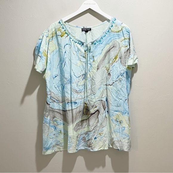 THE GREATER GOOD Women’s Blue Marble SEASHORE BREEZE Flutter Sleeve Tunic Top 1X - Picture 2 of 8